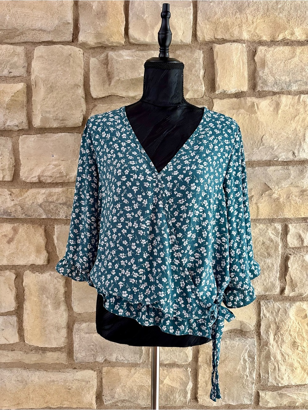 Sienna Sky Teal Floral Wrap Blouse with Side Tie